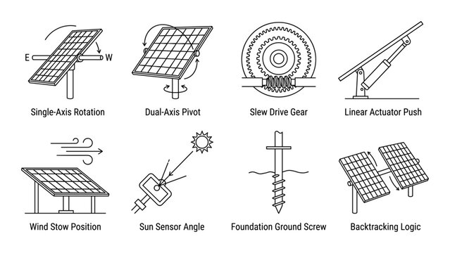 Solar panel tracking systems for single axis dual axis rotation and slewing.
