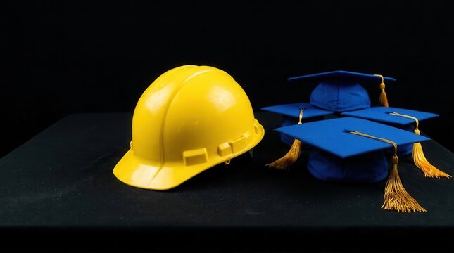 Yellow engineering education symbol: Hard hat & graduation caps on black surface, angled left with 3 blue caps