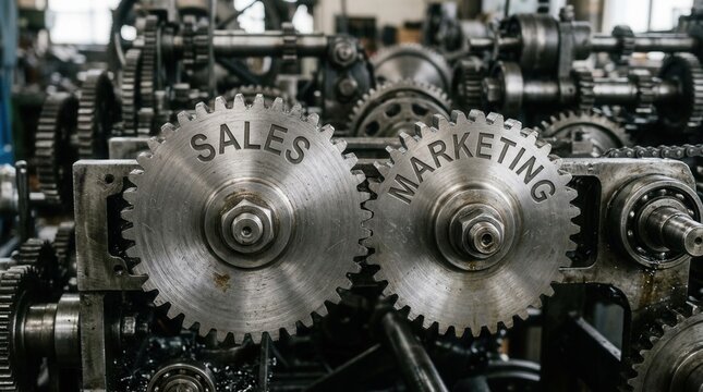 3D Illustration Integration of Marketing and Sales Metal Gears SALES MARKETING Concept Silver Background.