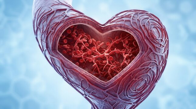 3D Illustration of Artery Cross-Section with Cholesterol Plaque and Red Blood Cells in Human Heart-Shaped Artery