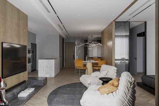 furnished lounge room with loft interior in flat studio