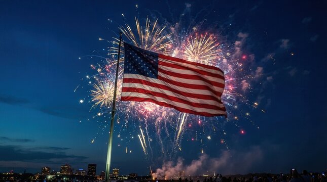 4th of July fireworks sparkler light show with American flag and patriotic celebration in the night sky.