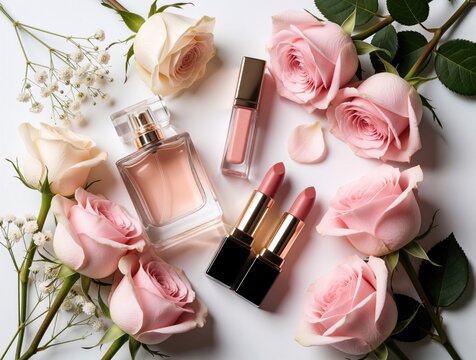 Pink roses, white flowers surround luxury makeup products on white background. Glass perfume bottle, lip gloss, two lipsticks lie among pastel petals. Elegant beauty cosmetics arranged for feminine