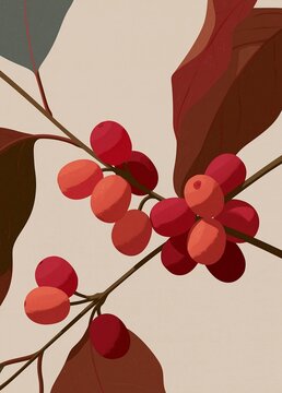 Illustration of a branch with a bunch of red berries on it. the branch is brown and has a few green leaves on either side.