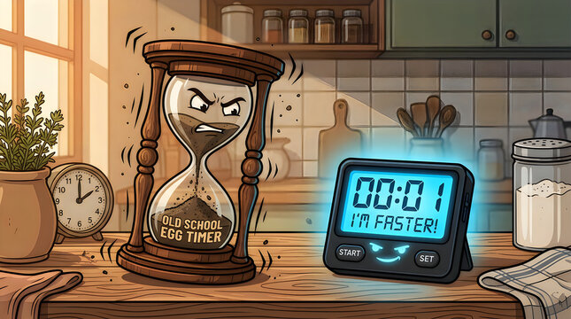 Funny cartoon hourglass and digital timer characters, angry old school egg timer vs fast digital clock, kitchen countdown concept