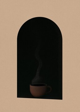 Minimalistic illustration of a black archway with a small brown cup of coffee in the center. the cup is filled with a dark liquid, possibly coffee, and there is a wisp of steam rising from it.