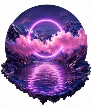 Pixel art landscape with purple neon circle and mountain reflection on lake