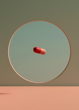 Digital illustration of a red capsule in the center of a light green circle. the capsule is positioned in the middle of the circle, with its body facing towards the right side of the image.