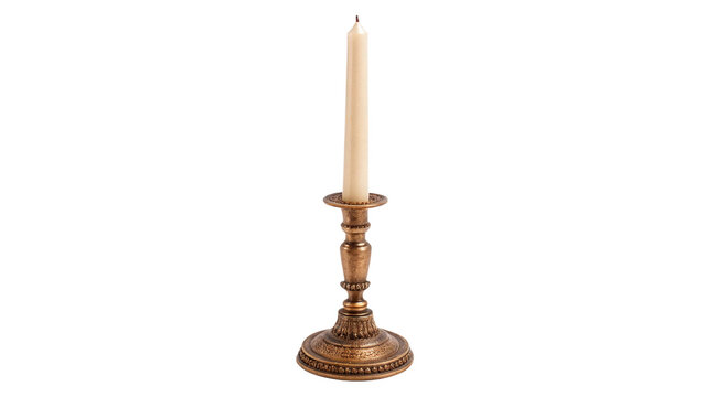 Vintage classic wooden candlestick with white candle isolated on transparent background