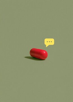 Minimalistic illustration of a red capsule on a light green background. the capsule is in the center of the image and is slightly tilted to the left.