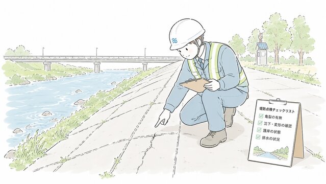 ヘルメットを着用した作業員が川沿いの堤防のひび割れを点検する様子