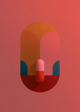 Abstract graphic design with a pink background. in the center of the image, there is a large, oval-shaped object that appears to be made up of different colors - orange, red, and blue.
