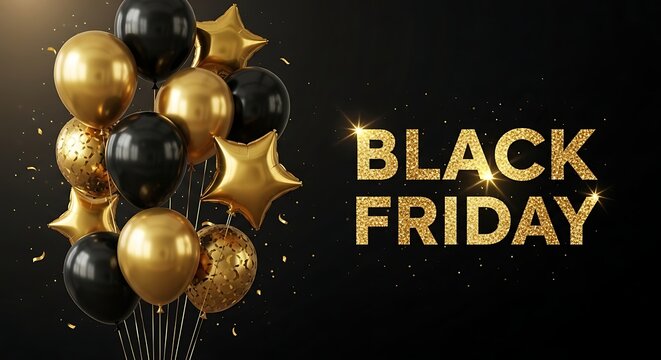 Black Friday sale background with shiny gold and black balloons and glittery text