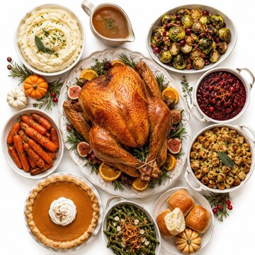 Roasted Thanksgiving turkey dinner with traditional side dishes