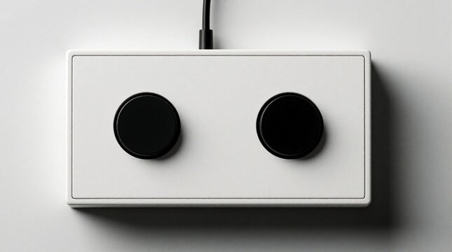 Minimalist white control box with two large black buttons. Simple interface features black circular switches on plain surface. Electronic device represents binary choice, decision making, system