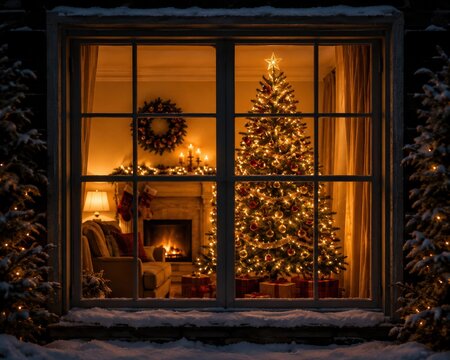 Christmas tree with lights and fireplace seen through a cozy window at night