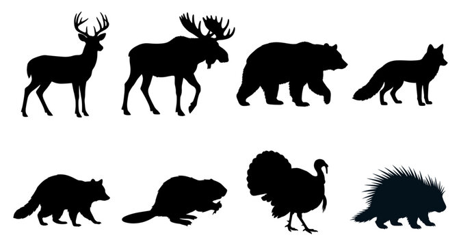 Wild forest animal silhouette collection featuring deer moose bear wolf fox beaver turkey and porcupine