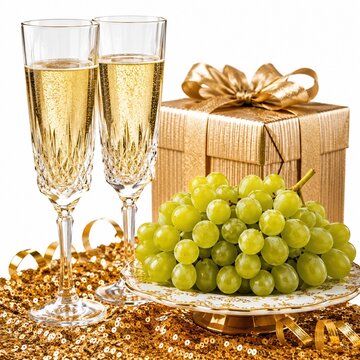 Two champagne glasses with gift box and green grapes for New Year celebration