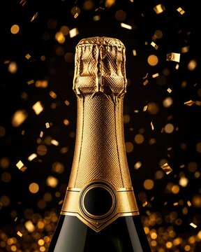 Champagne bottle neck with golden confetti on a black background