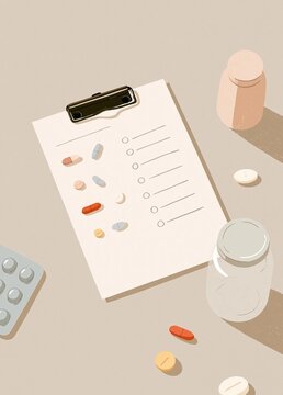 Illustration of a clipboard with a list of pills and a jar of pills on a beige background. the clipboard is open and the pills are scattered around it.