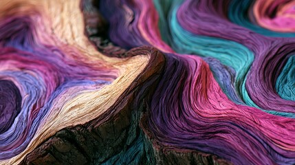 Obraz premium Flowing strands of vibrant hues blend in a swirling pattern, creating a fluid abstraction against a dark backdrop, ideal for creative design concepts and artistic backgrounds
