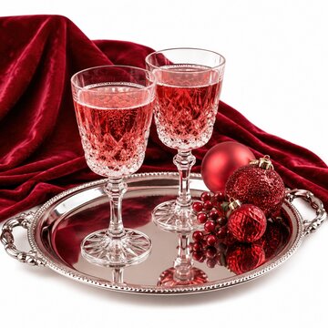 Two crystal glasses with red wine on a silver tray with Christmas decor