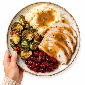A hand holding a plate with roast turkey mashed potatoes and vegetables