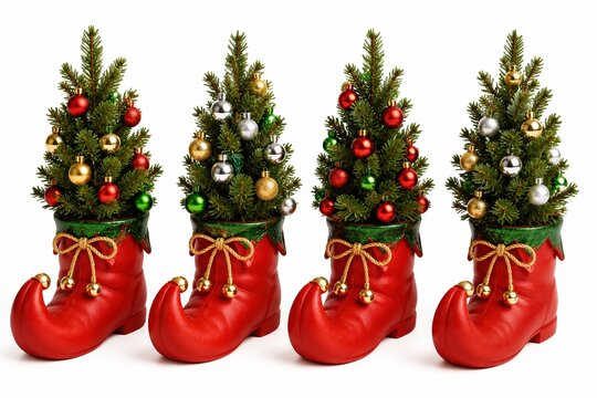 Four small Christmas trees in red elf boots isolated on white background