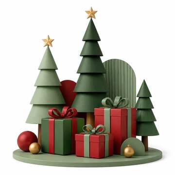 Christmas trees and red gift boxes on a green round base