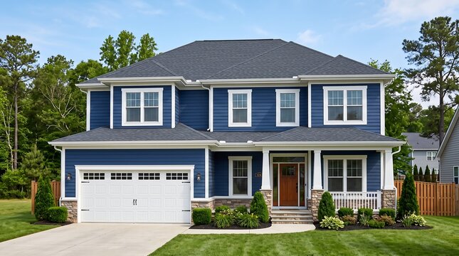 New construction blue exterior home with white garage doors, blue siding