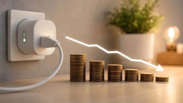 Smart plug power consumption reduction strategy with declining financial graph showing home energy efficiency