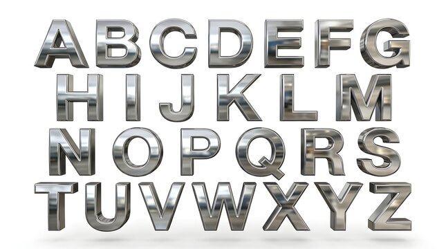 A complete set of uppercase english alphabet letters rendered in a shiny metallic chrome texture isolated on a clean white studio background surface