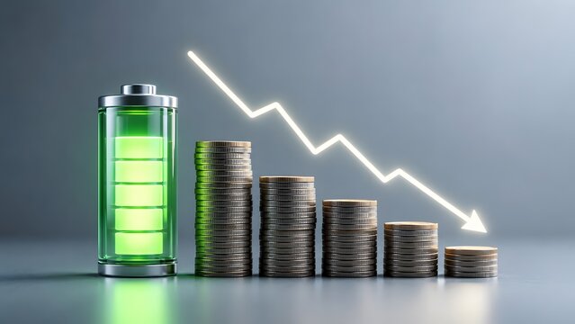 Battery storage cost reduction concept featuring glowing power cell and declining financial graph for energy efficiency