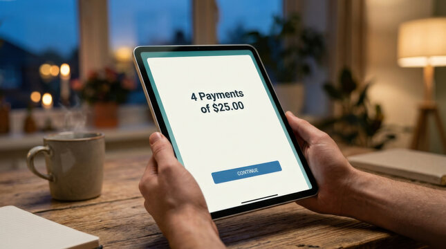 Split payment screen on tablet at wooden table in warm home interior