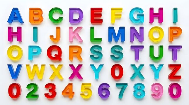 A collection of colorful alphabet letters and numbers isolated on a white background representing education learning school supplies and creative graphic design projects