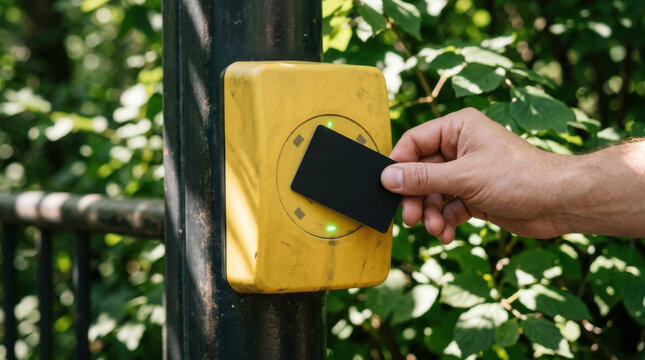Contactless card tap closeup on reader in outdoor setting with hand and black card