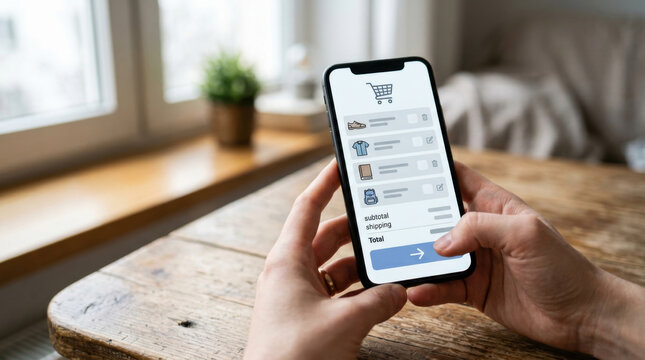 Mobile shopping cart screen online checkout smartphone hands using phone ecommerce payment digital purchase interface home interior close up view