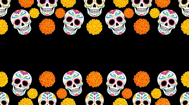 Sugar skull border pattern with bright marigolds and dark background marigold decorative seamless