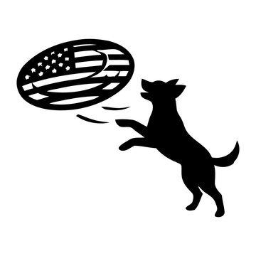 Jumping dog catching american flag frisbee flying disc vector icon for active pet agility playing outdoor