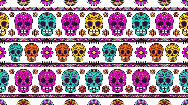 Colorful sugar skull striped pattern with ornate decorative borders geometric colorful tradition