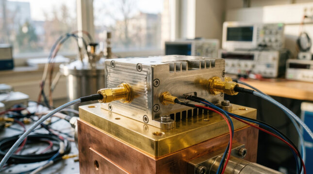 Cryogenic low noise amplifier close up shot of metal laboratory device with coaxial cable and test bench equipment