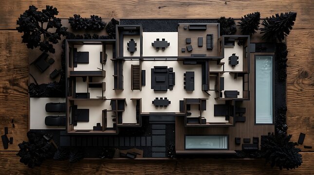Top view of a modern house architectural model with pool
