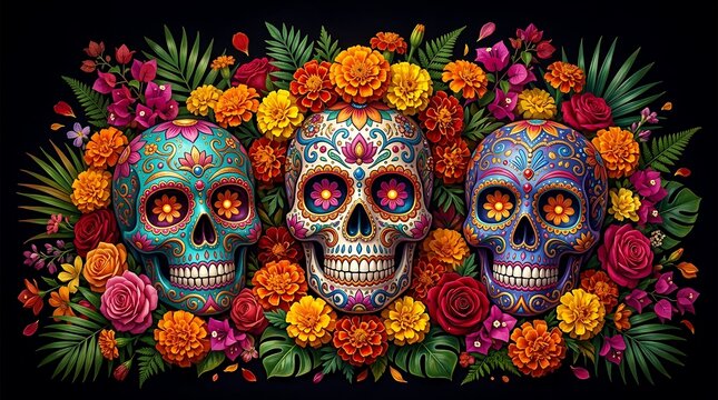 Colorful painted sugar skulls among floral wreath arrangement with colorful painting tradition