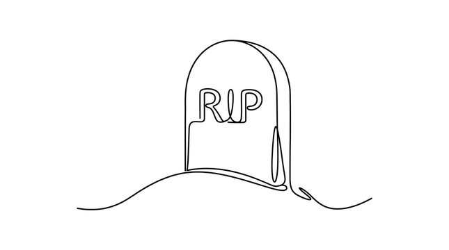 Minimalist single line drawing of a tombstone with rip inscription tombstone cemetery mourning