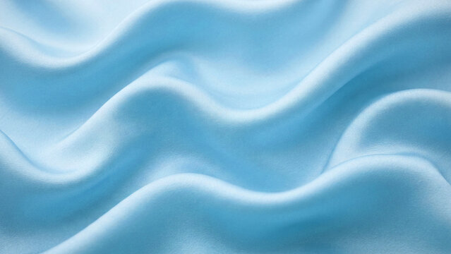 Soft light blue satin fabric folds, luxurious smooth textile texture background