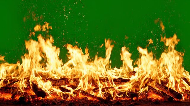 Dynamic fire burning with embers against a green screen background in a cinematic slow motion