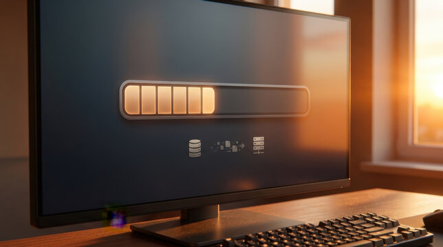 Database migration progress bar close up computer screen server transfer data update loading status technology monitor progress