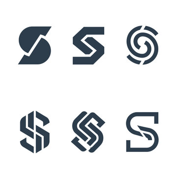 Letter S logos are presented as a compilation of six distinct, dark blue, stylized designs, each offering a unique and creative interpretation of the letter 'S' for various branding applications.