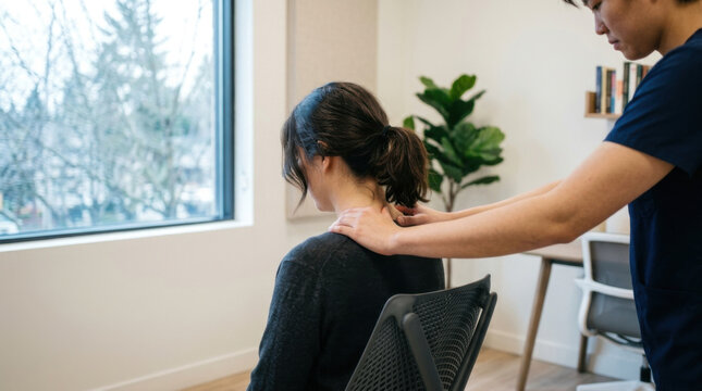 Neck massage therapy office chair wellness treatment calm relief health posture comfort relaxation stretching physiotherapy