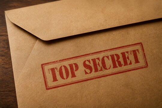 Brown envelope stamped top secret resting on wooden table